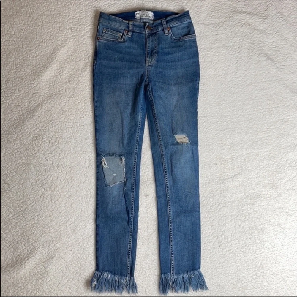 Free People Distressed Long Frayed Hem Skinny Denim Jeans Size 26 Fringe